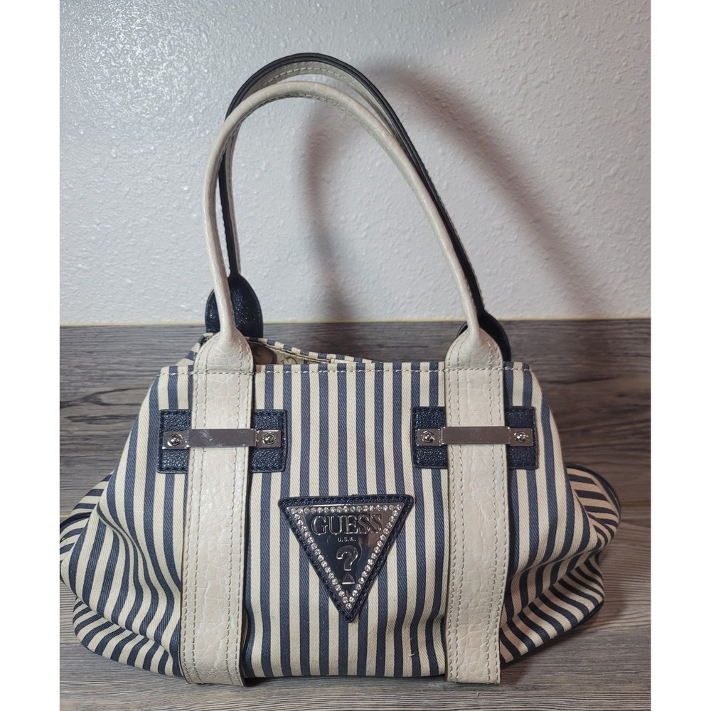 y2k guess shoulder bag Blue off white stripes Silver hardware and gold lining